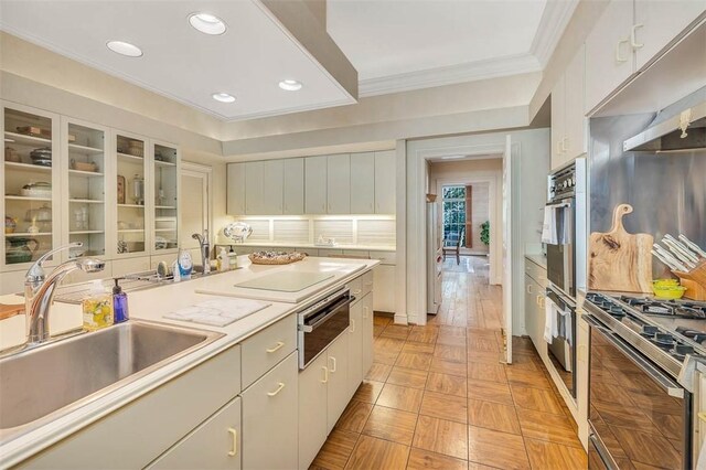 kitchen with sink, appliances with stainless steel finishes, light wood-type flooring, white cabinets, and ornamental molding