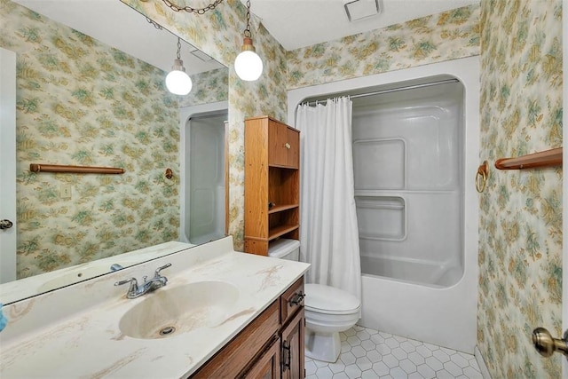 full bathroom with shower / tub combo, vanity, tile patterned flooring, and toilet