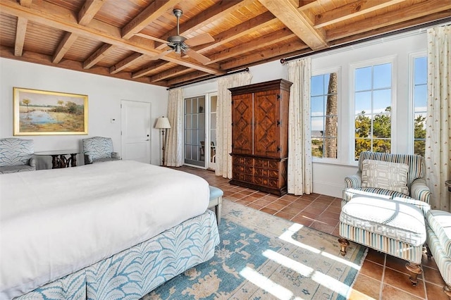 bedroom featuring ceiling fan, dark tile patterned floors, beamed ceiling, and wooden ceiling