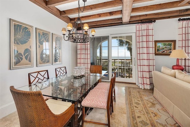 tiled dining space featuring beam ceiling and an inviting chandelier