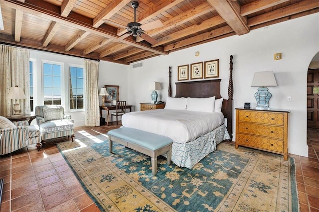 bedroom with beam ceiling, ceiling fan, tile patterned floors, and wooden ceiling