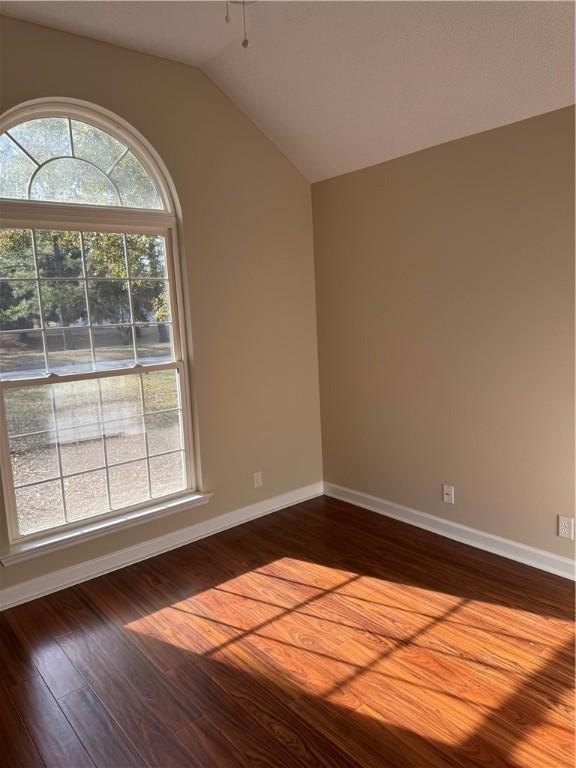 spare room featuring hardwood / wood-style floors and vaulted ceiling