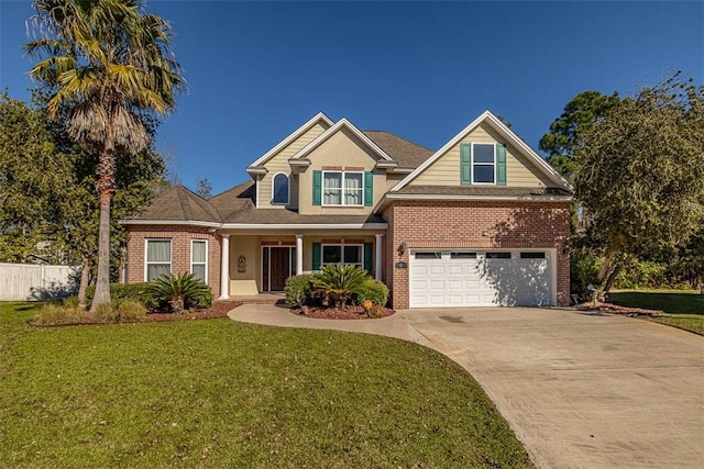 view of front of house with a garage and a front lawn