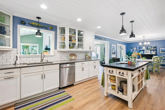 552 Old Plantation Rd, Jekyll Island, GA 31527 - kitchen with dishwasher, open shelves, ornamental molding, white cabinets, and tasteful backsplash