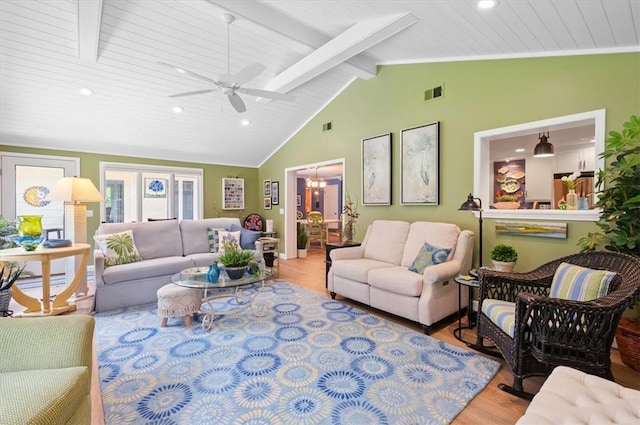 552 Old Plantation Rd, Jekyll Island, GA 31527 - living area with wood finished floors, beamed ceiling, recessed lighting, a ceiling fan, and high vaulted ceiling