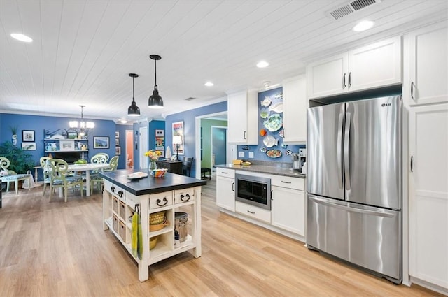552 Old Plantation Rd, Jekyll Island, GA 31527 - kitchen featuring stainless steel appliances, open shelves, white cabinets, dark countertops, and wooden ceiling