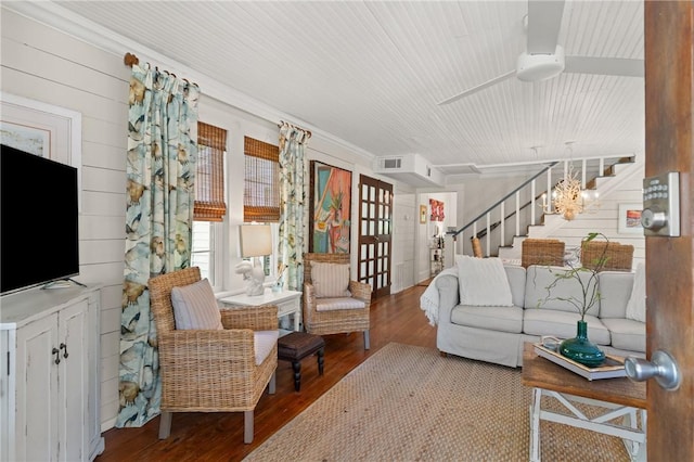 405 Everett St, Saint Simons Island, GA 31522 - living room with wood finished floors, stairway, and a ceiling fan