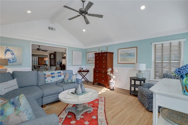 246 Alabama St, Saint Simons Island, GA 31522 - living room featuring a ceiling fan, a wainscoted wall, a decorative wall, recessed lighting, and wood finished floors