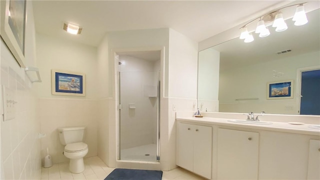 full bathroom with tile patterned flooring, a stall shower, visible vents, and toilet