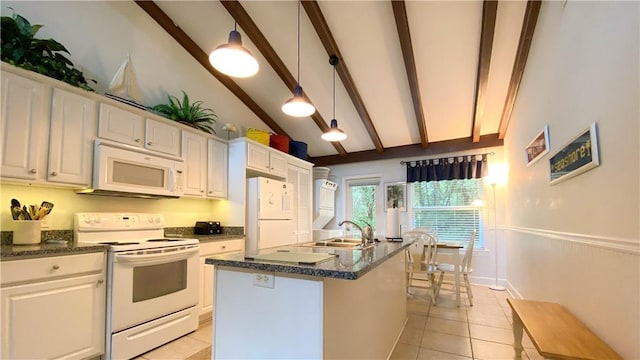 kitchen with white cabinetry, a sink, vaulted ceiling with beams, white appliances, and light tile patterned flooring