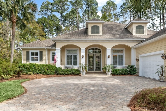 view of front facade with french doors, decorative driveway, a garage, and a porch