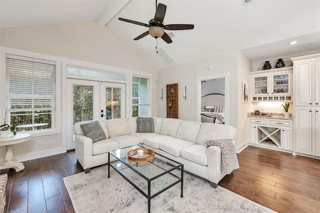 107 Reynoso Ave, Saint Simons Island, GA 31522 - living area featuring french doors, dark wood finished floors, a ceiling fan, and baseboards