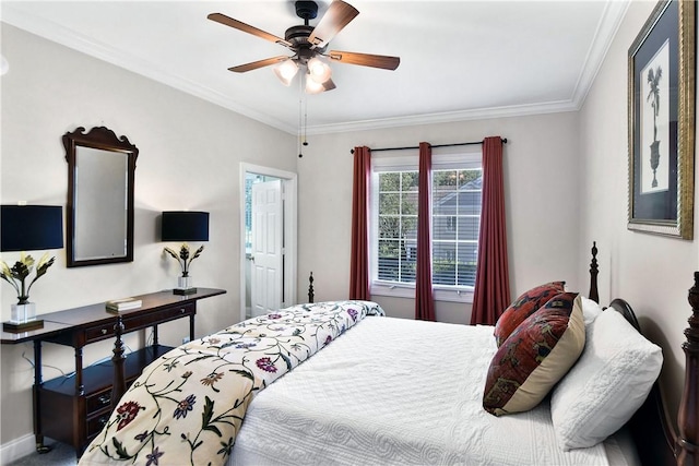 bedroom featuring ceiling fan and ornamental molding