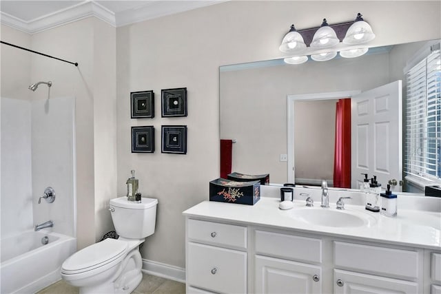 full bathroom featuring vanity, tile patterned flooring, toilet, ornamental molding, and tub / shower combination