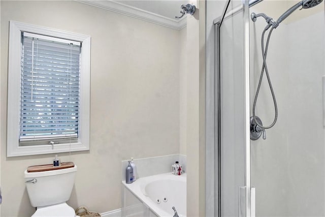 bathroom with plus walk in shower, toilet, and ornamental molding