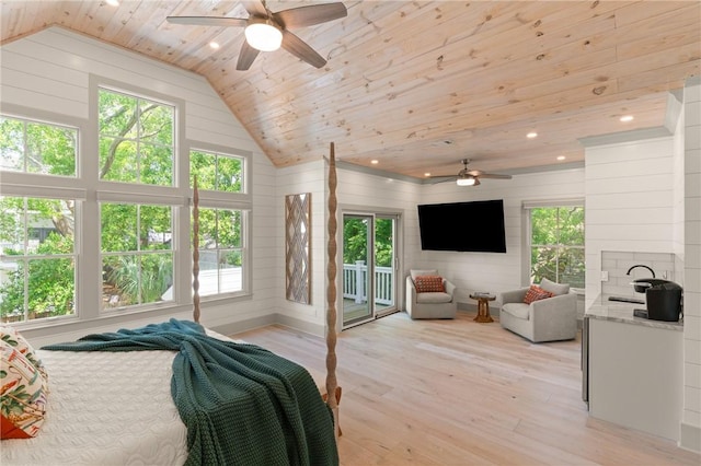 bedroom featuring wooden ceiling, access to outside, wood walls, vaulted ceiling, and light wood-style flooring