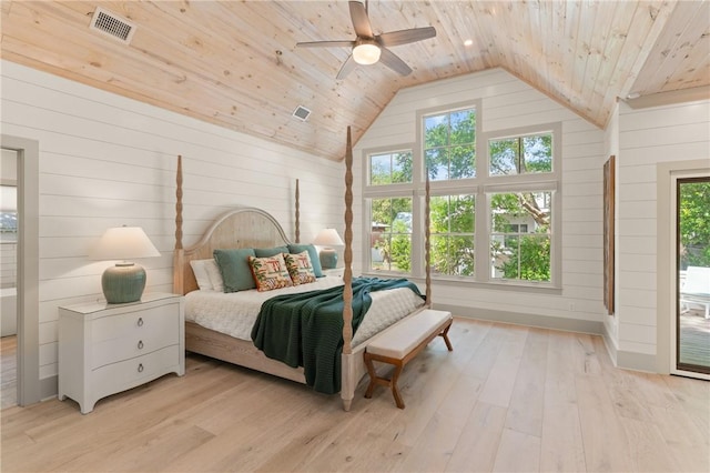 bedroom with vaulted ceiling, wooden walls, light wood finished floors, and wood ceiling