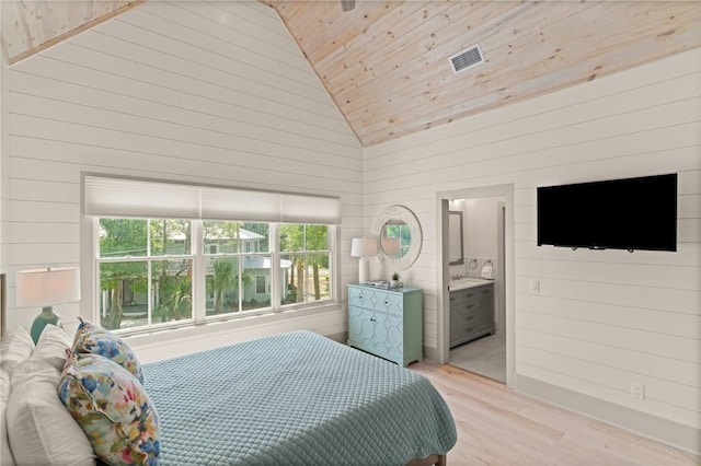 bedroom with wood ceiling, connected bathroom, visible vents, light wood finished floors, and vaulted ceiling