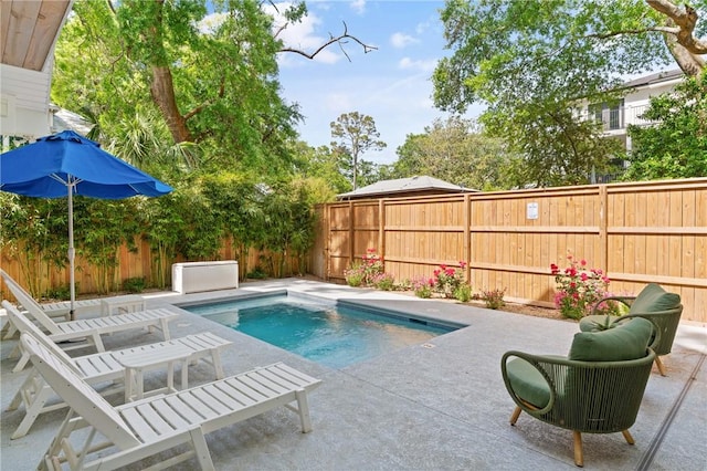 view of swimming pool featuring a patio and a fenced backyard