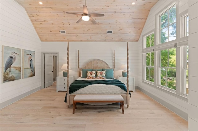 bedroom featuring wood ceiling, visible vents, wooden walls, light wood finished floors, and high vaulted ceiling