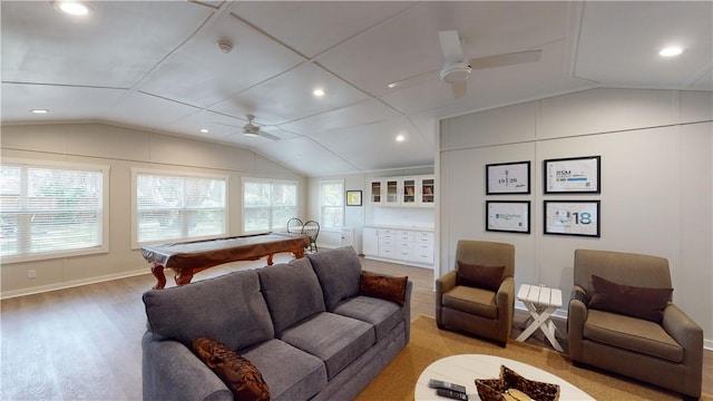 635 Old Plantation Rd, Jekyll Island, GA 31527 - living area with a wealth of natural light, vaulted ceiling, light wood-style flooring, and ceiling fan