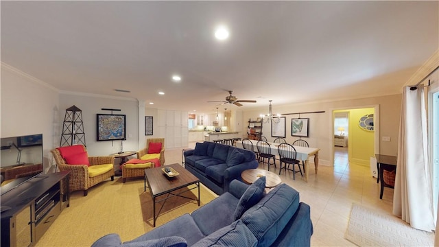 635 Old Plantation Rd, Jekyll Island, GA 31527 - living room with light tile patterned floors, ceiling fan with notable chandelier, crown molding, baseboards, and recessed lighting