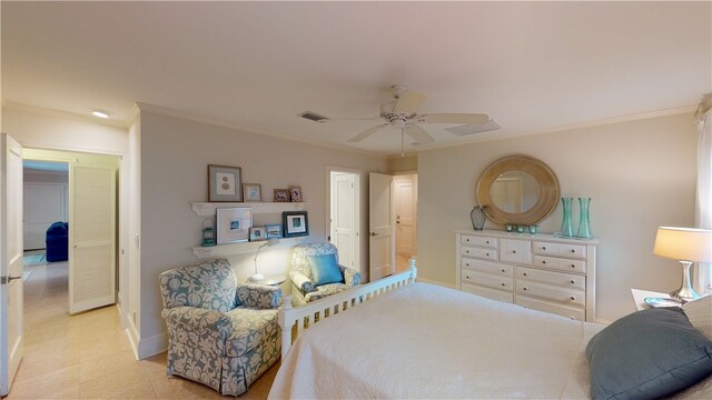 635 Old Plantation Rd, Jekyll Island, GA 31527 - bedroom with baseboards, ornamental molding, visible vents, and light tile patterned flooring