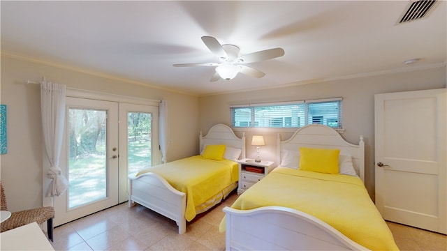 635 Old Plantation Rd, Jekyll Island, GA 31527 - bedroom featuring french doors, ornamental molding, visible vents, a ceiling fan, and access to outside