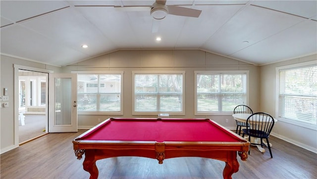 635 Old Plantation Rd, Jekyll Island, GA 31527 - game room with billiards, lofted ceiling, baseboards, and wood finished floors