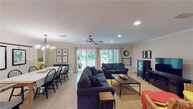 635 Old Plantation Rd, Jekyll Island, GA 31527 - living area featuring visible vents, ceiling fan with notable chandelier, ornamental molding, and recessed lighting