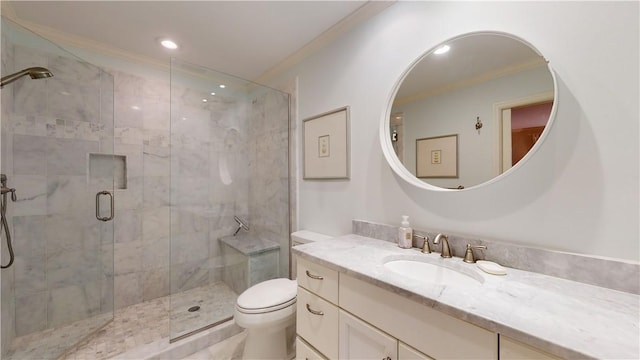 635 Old Plantation Rd, Jekyll Island, GA 31527 - full bath with a stall shower, recessed lighting, toilet, ornamental molding, and vanity