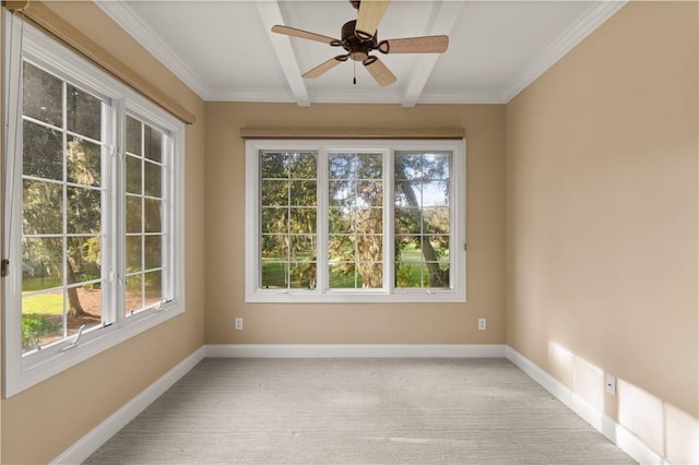 spare room with light colored carpet, baseboards, ceiling fan, and beam ceiling