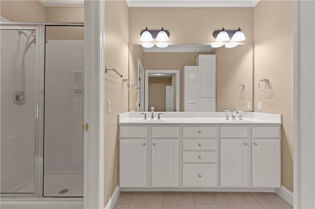 full bath featuring tile patterned floors, a shower stall, and a sink