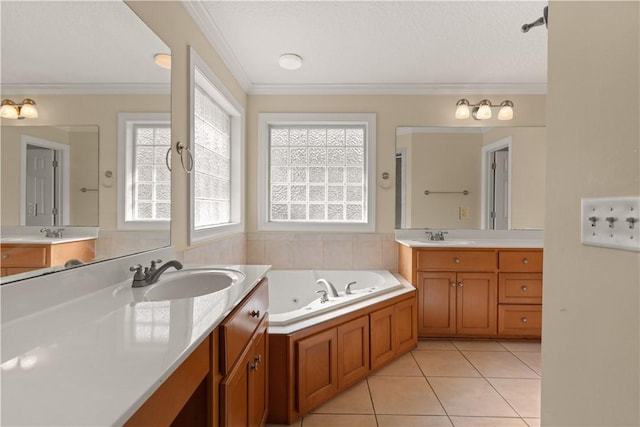 bathroom with a wealth of natural light, tile patterned flooring, and ornamental molding