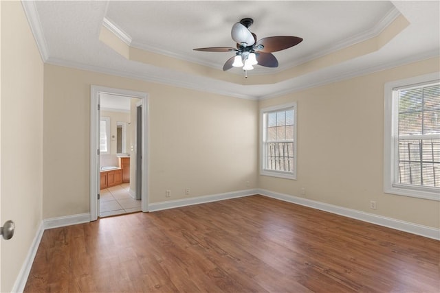 empty room featuring a tray ceiling, a wealth of natural light, light hardwood / wood-style flooring, and ornamental molding