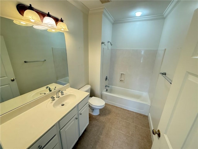 full bathroom with vanity,  shower combination, toilet, and crown molding