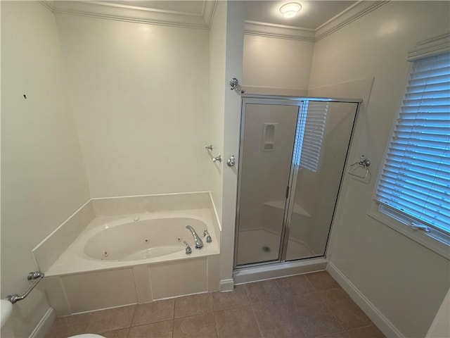 bathroom with tile patterned floors, independent shower and bath, and ornamental molding