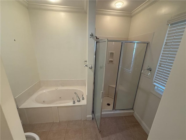 bathroom with shower with separate bathtub, tile patterned floors, and ornamental molding