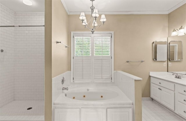 704 Dungeness, Saint Simons Island, GA 31522 - bathroom with vanity, a whirlpool tub, tiled shower, a chandelier, and ornamental molding