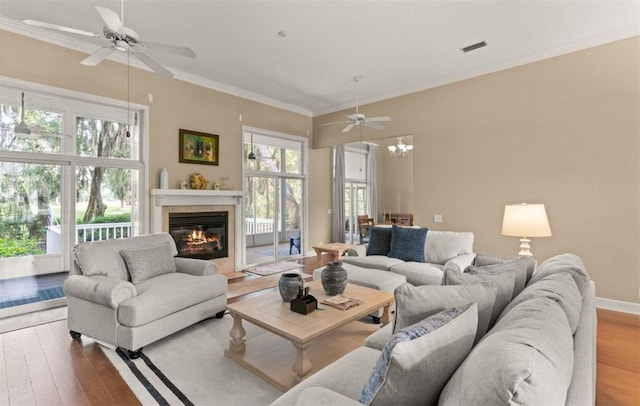 704 Dungeness, Saint Simons Island, GA 31522 - living room featuring a ceiling fan, crown molding, a fireplace, and wood finished floors