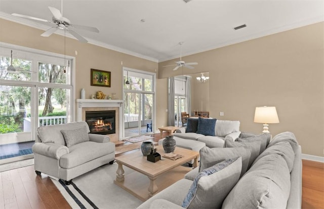 704 Dungeness, Saint Simons Island, GA 31522 - living area featuring healthy amount of natural light, crown molding, wood finished floors, and a ceiling fan