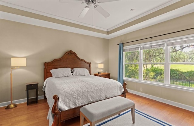 704 Dungeness, Saint Simons Island, GA 31522 - bedroom with wood finished floors, ornamental molding, ceiling fan, and a raised ceiling