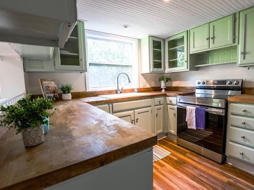 140 Belle Point Pkwy, Brunswick, GA 31525 - kitchen with electric stove, green cabinetry, wood finished floors, glass insert cabinets, and wooden counters