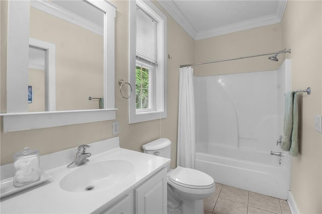 800 Wayne St, Darien, GA 31305 - full bathroom with vanity, ornamental molding, tile patterned floors, shower / bath combo with shower curtain, and toilet