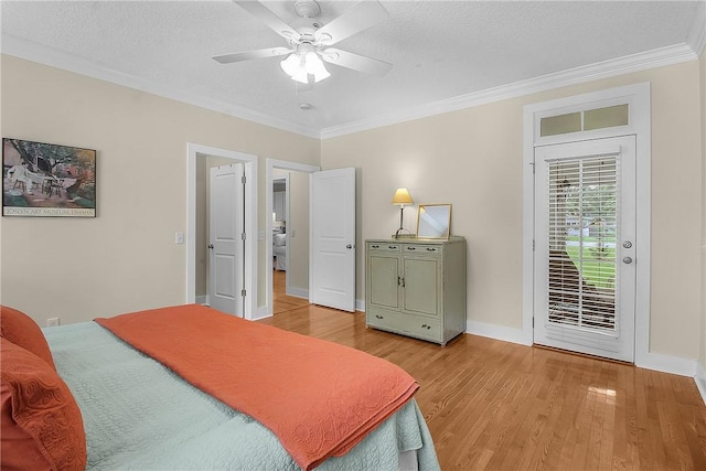 800 Wayne St, Darien, GA 31305 - bedroom featuring access to exterior, crown molding, light wood-style floors, baseboards, and a textured ceiling