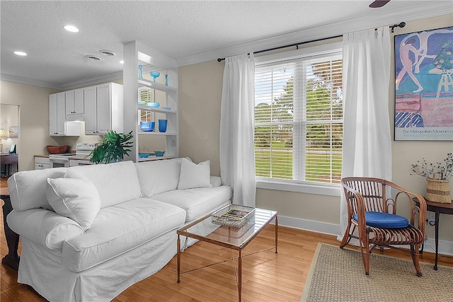 800 Wayne St, Darien, GA 31305 - living area featuring ornamental molding, light wood-type flooring, baseboards, a textured ceiling, and healthy amount of natural light