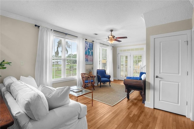 800 Wayne St, Darien, GA 31305 - living room with a ceiling fan, a textured ceiling, light wood-style flooring, and ornamental molding