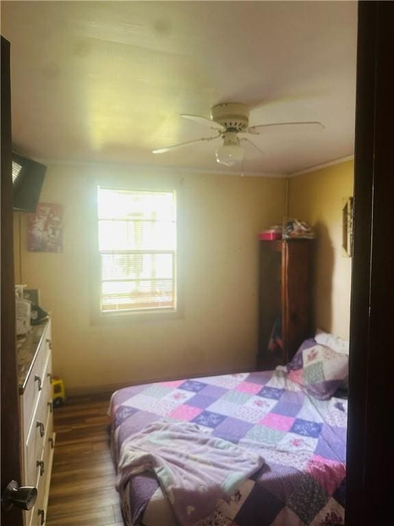 bedroom featuring wood-type flooring, ceiling fan, and crown molding