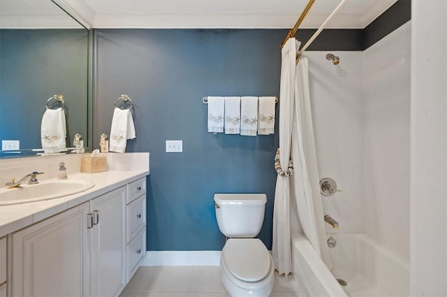 full bathroom featuring toilet, shower / tub combo, vanity, and tile patterned floors