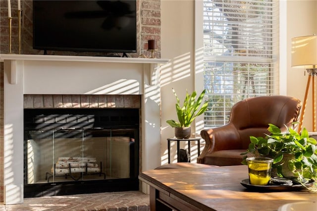 room details featuring a fireplace with raised hearth